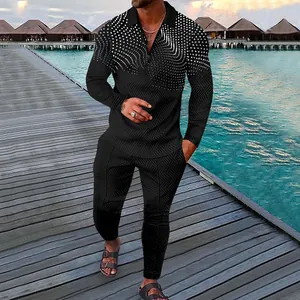 Men's casual black two-piece set with white dot pattern and geometric texture.