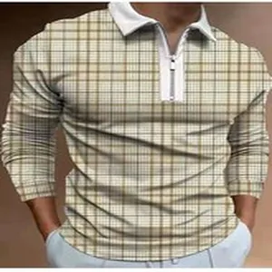 Detailansicht des Karomusters und des Reißverschlusses an einem Herren-Langarm-Poloshirt