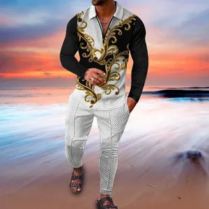 Men's stylish two-piece set featuring long sleeve polo and pants with gold baroque print