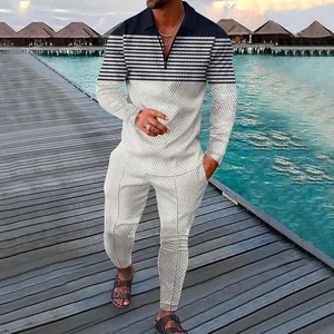 Men's 2-piece casual set with geometric print long sleeve zip polo and matching pants.