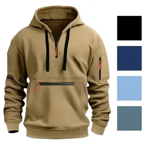 Men Quarter Zip Hoodie Fleece Lined Hooded Sweatshirt With Arm Zipper Pocket Casual Solid Color Pullover For Men Top