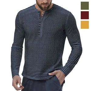 Men Henley Shirt Long Sleeve Striped T-Shirt Casual Polyester British Style Buttons Top For Autumn Winter Men Apparel