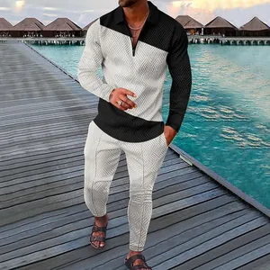 Men's two-piece casual track set featuring geometric patterns and contrast color blocks