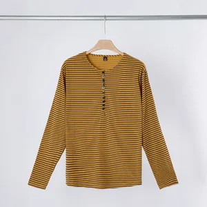 Casual men's long-sleeve Henley shirt featuring ginger and black horizontal stripes.