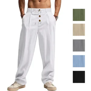 Men Casual Linen Pants Breathable Wide Leg Loose Drawstring Waist Trousers For Summer Vacation Beach Lightweight Bottom
