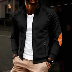 Modern men's black casual jacket featuring pleated sleeves and orange elbow patches for style