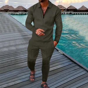 Men's textured long-sleeved polo and trousers two-piece casual sports set in dark olive resort style
