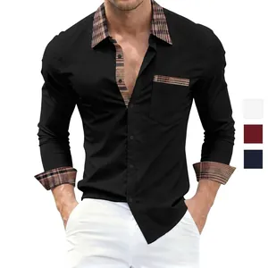 Camicia da Uomo a Maniche Lunghe Patchwork a Quadri Colletto a Punta Poliestere Tessuto Top Casual Smart Casual Quotidiano