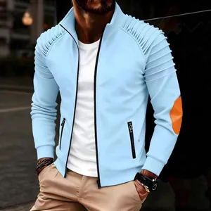 Stylish light blue men's jacket with pleated sleeves and casual sport zipper design.