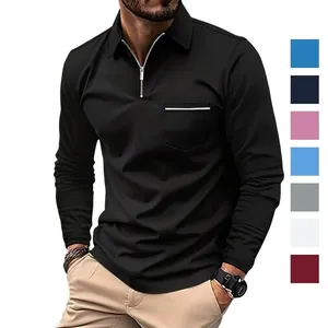 Polo a Manica Lunga Casual da Uomo Pullover con Tasca Vestibilità Comoda Tinta Unita Moda Top