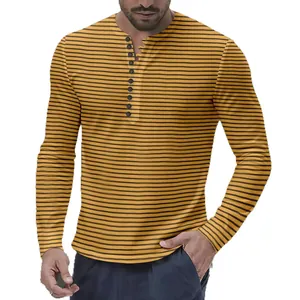 Men's casual long-sleeve Henley shirt featuring yellow and black horizontal stripes