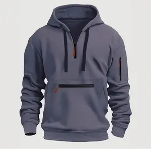 Casual men's long sleeve hooded sweatshirt featuring a front pocket and arm zipper