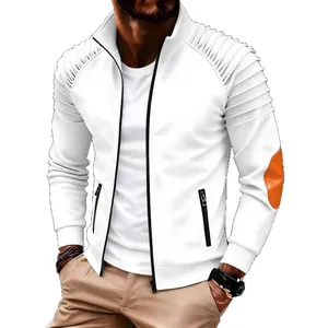 Men's white zip-up jacket with pleated arm design and orange elbow patch details