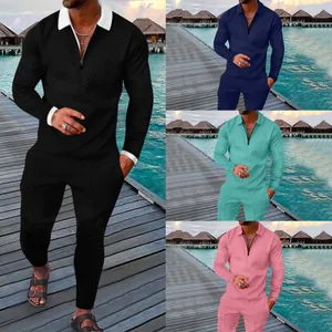 Men's textured long sleeve tracksuit set in multiple colors for leisure wear