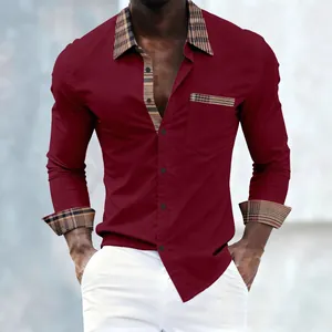 Camicia bordeaux da uomo a maniche lunghe con dettagli patchwork a quadri e colletto