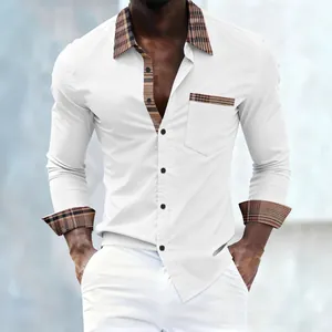 Camicia bianca slim fit da uomo a maniche lunghe con colletto e polsini a quadri marroni
