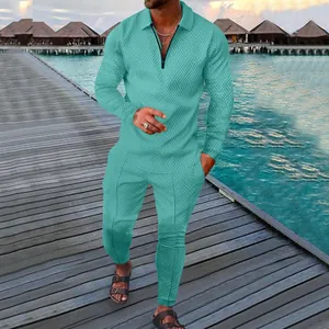 Men's teal long-sleeve two-piece casual set featuring a geometric textured pattern