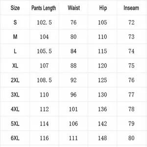 Size chart for men's tactical cargo pants showing waist, length, and hip measurements.