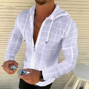 Detailed view of men's slim fit long sleeve hooded zip-up shirt in breathable white mesh