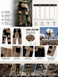 Product detail infographic for 100% cotton tactical cargo pants with features and size chart