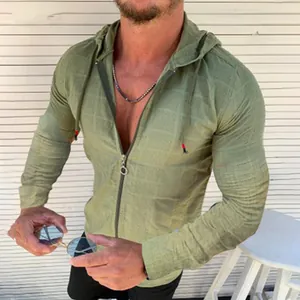 Detail view of slim fit men's olive green hooded cardigan with zipper closure and textured fabric