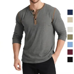 Men Retro Henley Shirt Color Block Long Sleeve Cotton Blend Triple Button Placket Casual Top Vintage Slim Fit Autumn Tee