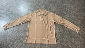 Casual men's long-sleeved polo shirt in camel tan featuring a classic button-down collar.