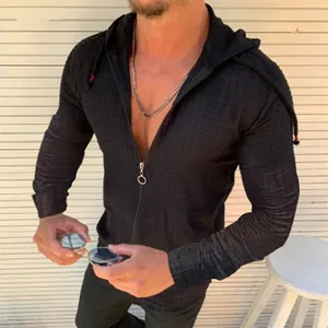 Mens slim fit long sleeve black hooded cardigan with subtle textured pattern detail