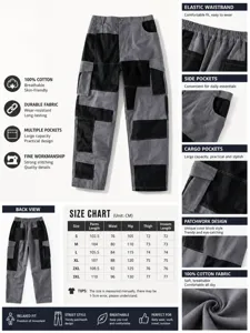 Detailed view of men's patchwork cargo pants with size chart and fabric features