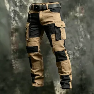 Close-up of men's two-tone tactical cargo pants with multi-pockets