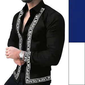 Camicia da Uomo Vestibilità Slim a Maniche Lunghe in Misto Cotone Motivo Greca Stampato Revers Casual alla Moda