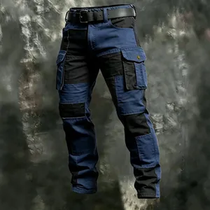 Detail of men's blue and black color-block tactical cargo pants with multi-pockets