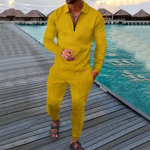 Premium men's yellow 2-piece casual set featuring a geometric textured long sleeve polo