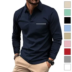 Men Casual Long Sleeve Polo Shirt Button Pocket Top Polyester Cotton Blend Splicing Design Fashion Loose Fit Apparel