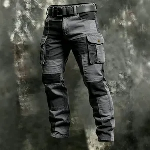 Detail view of men's cotton tactical cargo pants with grey and black patchwork design