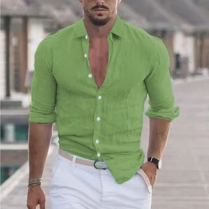 Full view of men's green cotton linen long sleeve shirt, perfect for summer beach holidays