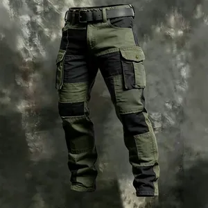 Detailed view of men's tactical cargo pants with stylish green and black color blocks.