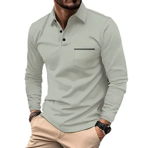 Men's casual long-sleeve polo shirt with button collar and chest pocket details