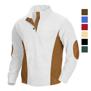 Sudadera de Pana Vintage para Hombre Patchwork Casual Cuello Alzado Manga Larga Camisa Henley Corte Holgado Top de Poliéster