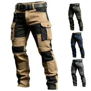 Men's Tactical Cargo Pants Patchwork Multi Pocket Cotton Outdoor Casual Straight Leg Streetwear Bottoms