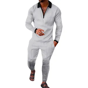 Men's casual 2-piece tracksuit set with textured chevron pattern and zipper polo neck