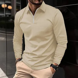 Elegantes langärmliges Herren-Poloshirt in Khaki mit dezentem silbernem Reißverschluss