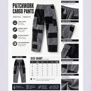 Men's 100% cotton patchwork cargo pants with multi-pocket street style design.
