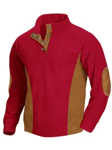 Front view of men's red corduroy top with brown elbow patches and button collar
