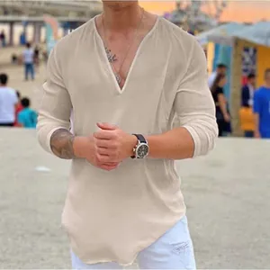 T-shirt décontracté pour homme à col en V, beige uni, manches longues en tissu coton