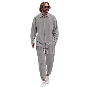 Lässiges Herren-Set aus Baumwolle und Leinen mit Langarmhemd und langer Hose, locker
