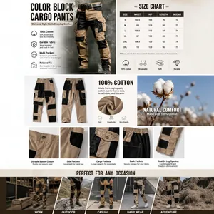 Men's 100% cotton color block tactical cargo pants with multi-pockets and size chart