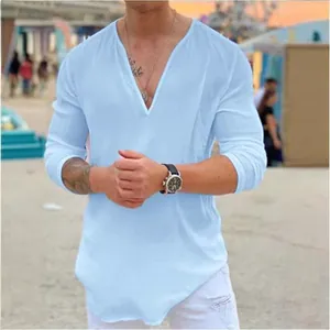 T-shirt décontracté pour hommes en coton bleu clair avec col en V et manches longues