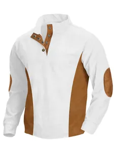 Detail view of men's casual white corduroy top with brown side and elbow patches.