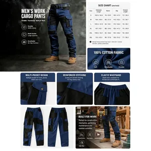 Professional men's color-block tactical cargo pants with detailed size chart and features